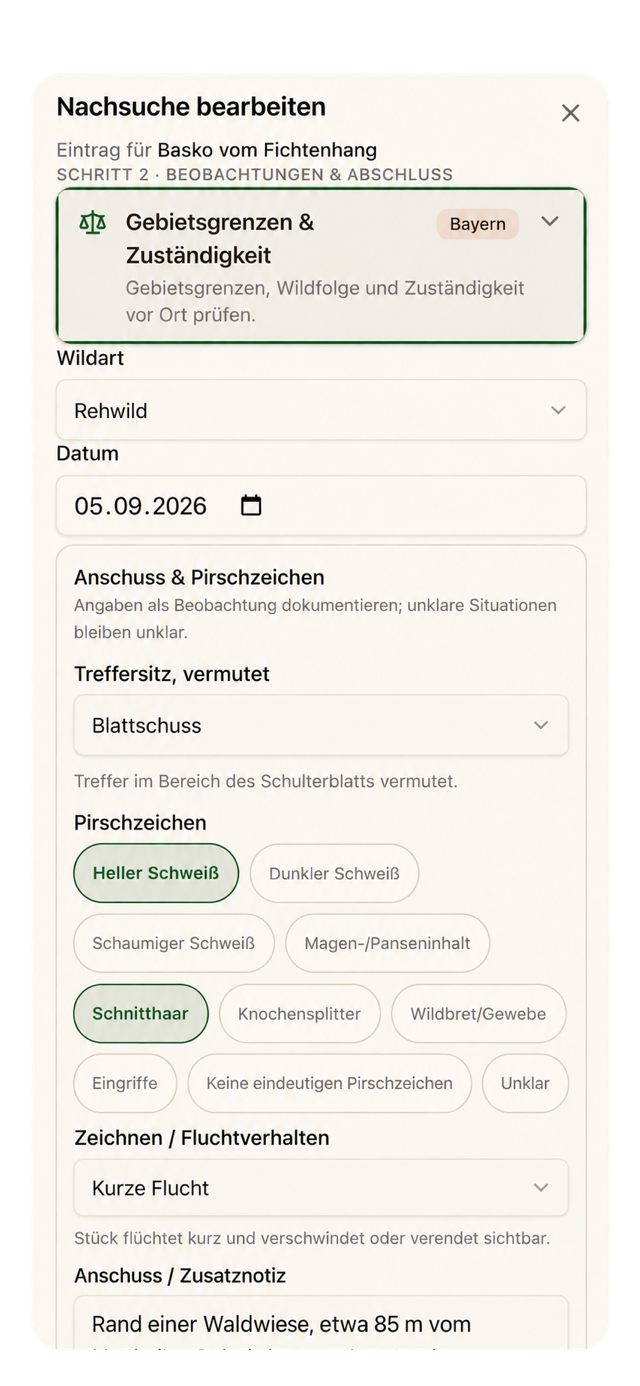 Nachbearbeitung von Treffersitz und Pirschzeichen in der App Der Jagdhund