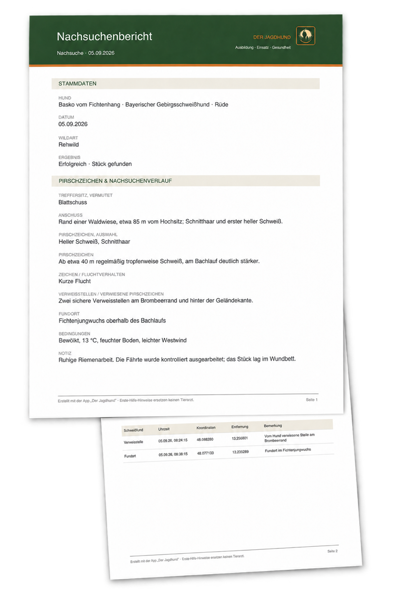 Zweiseitiger PDF-Nachsuchenbericht mit Beobachtungen und Wegpunkten